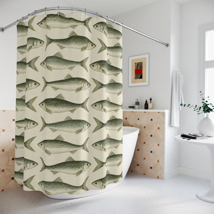 Coastal Scandinavian Fish Shower Curtain, Sage Green Sardine Nautical Ocean Bathroom Decor Waterproof Fabric Housewarming Gift 71" x 74"
