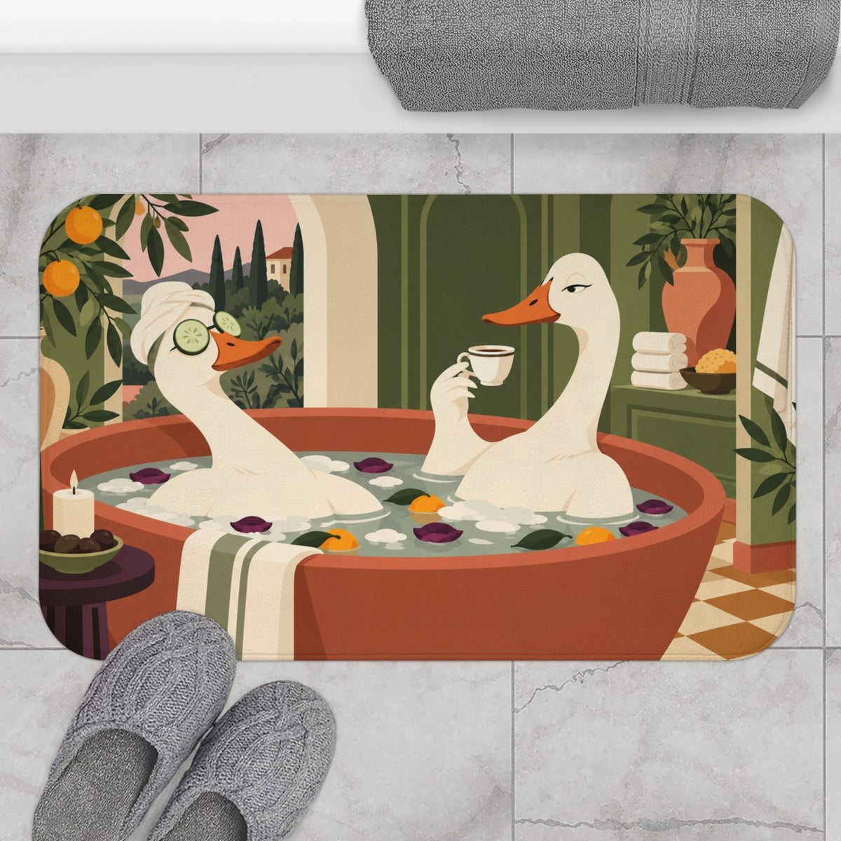 Funny Duck Bath Mat, Mediterranean Spa Memory Foam Cute Shower Bathroom Decor Non Slip Floor Large Small Washable Quick Dry Luxury Rug