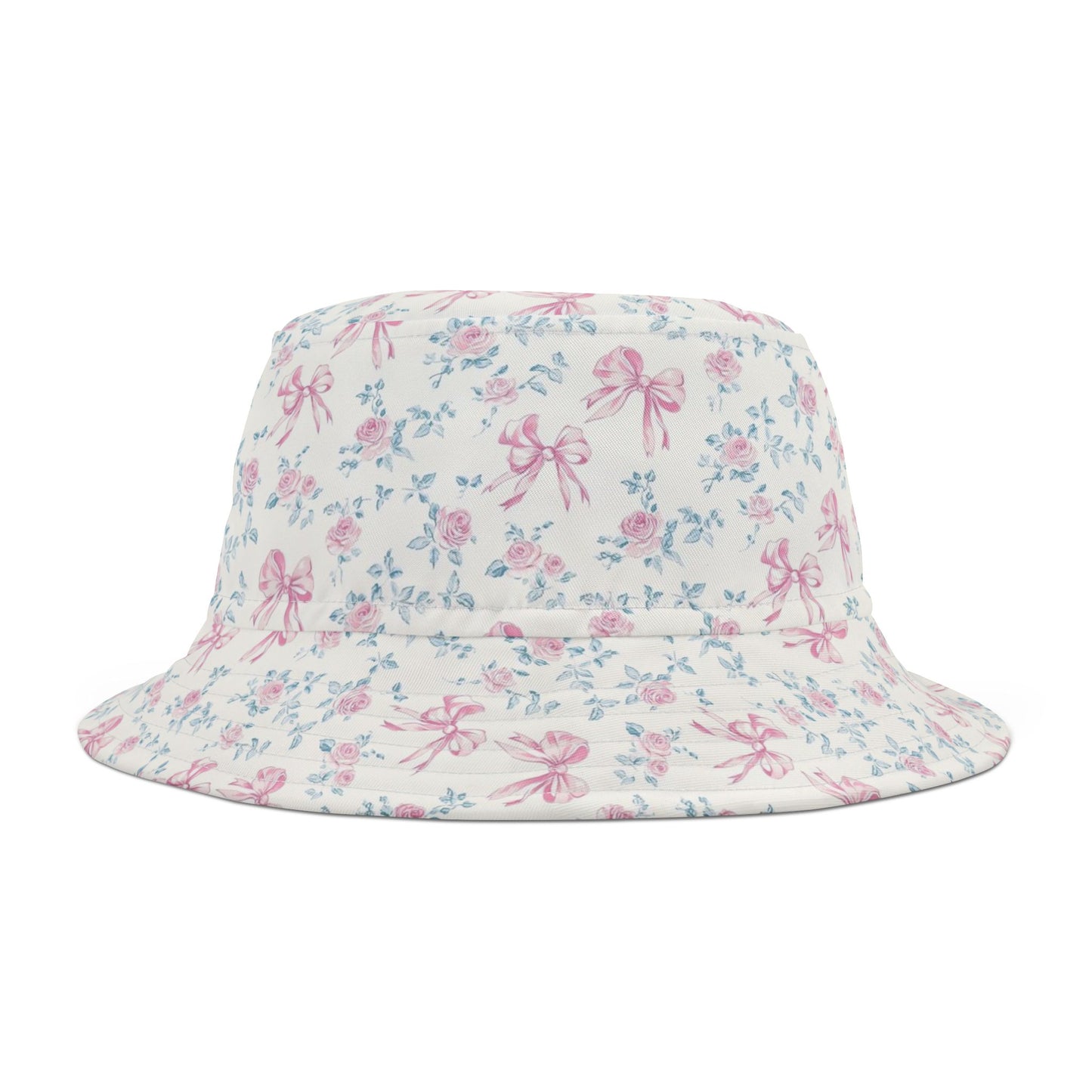 Pink Rose Bows Bucket Cap Hat, White Floral Flowers Print Beach Women Men Golf Summer Festival Cute Designer Sun Shade Ladies Small Large
