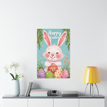 Happy Easter Poster Print, Bunny Eggs Hunt Rabbit Nursery Wall Image Art Vertical Paper Artwork Small Large Cool Room Office Decor