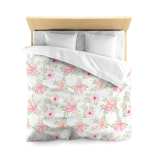 Pink Floral Duvet Cover, White Vintage Flowers Bedding Queen King Full Twin XL Microfiber Unique Designer Bed Quilt Bedroom Decor