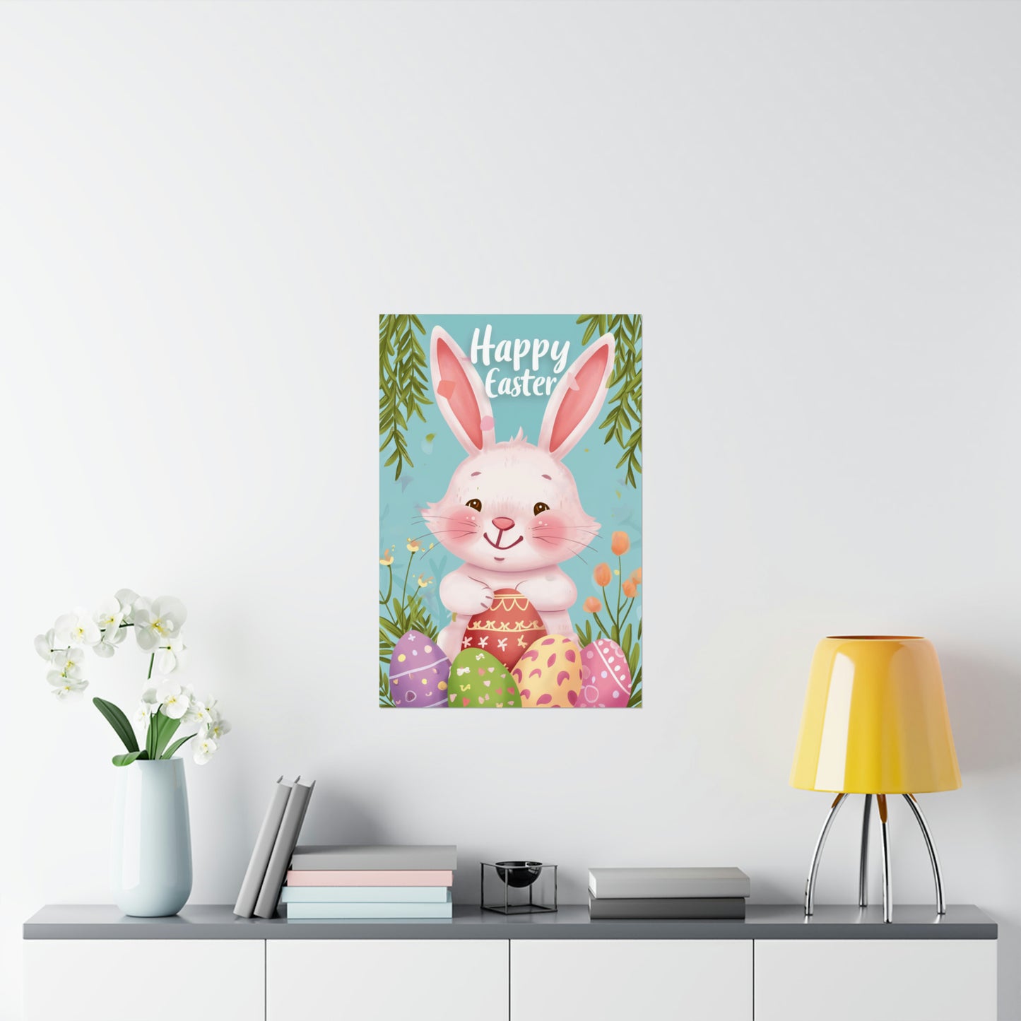 Happy Easter Poster Print, Bunny Eggs Hunt Rabbit Nursery Wall Image Art Vertical Paper Artwork Small Large Cool Room Office Decor