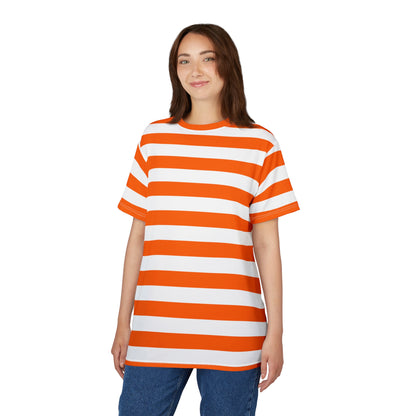 Orange White Striped Tshirt, Stripe Designer Aesthetic Lightweight Heavyweight Crewneck Men Women Tee Top Short Sleeve Shirt