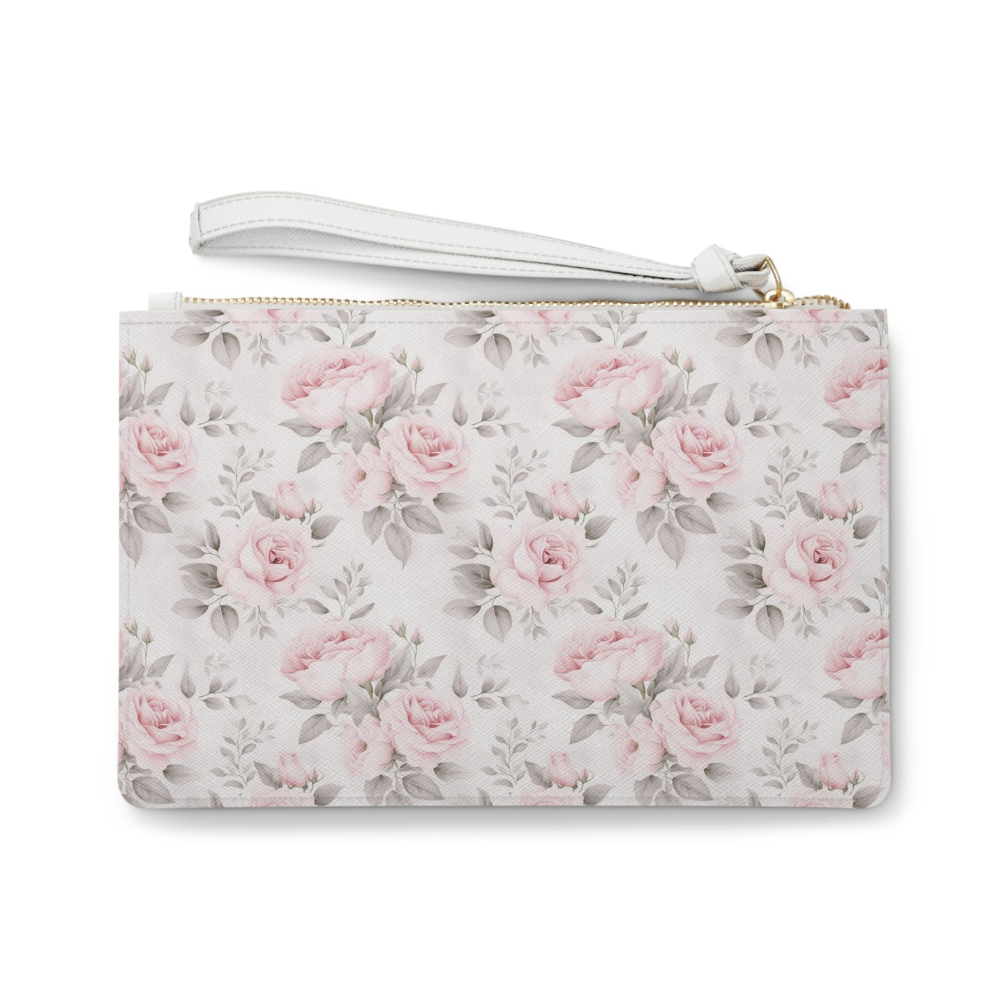 Pink Roses Clutch Wristlet Purse,  White Vegan Leather with Pocket Zipper Evening Modern Bag Strap Phone Wallet for Women