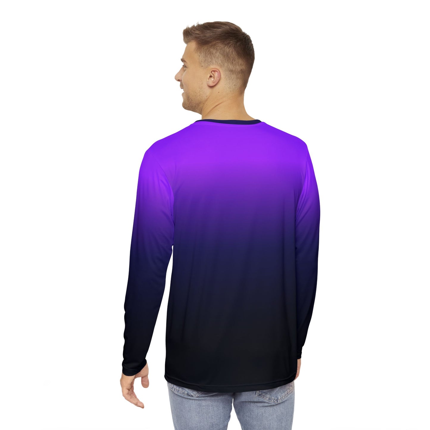 Black Blue Purple Ombre Men Long Sleeve Tshirt, Gradient Tie Dye Unisex Guys Women Designer Graphic Aesthetic Print Crew Neck Tee Shirt Top