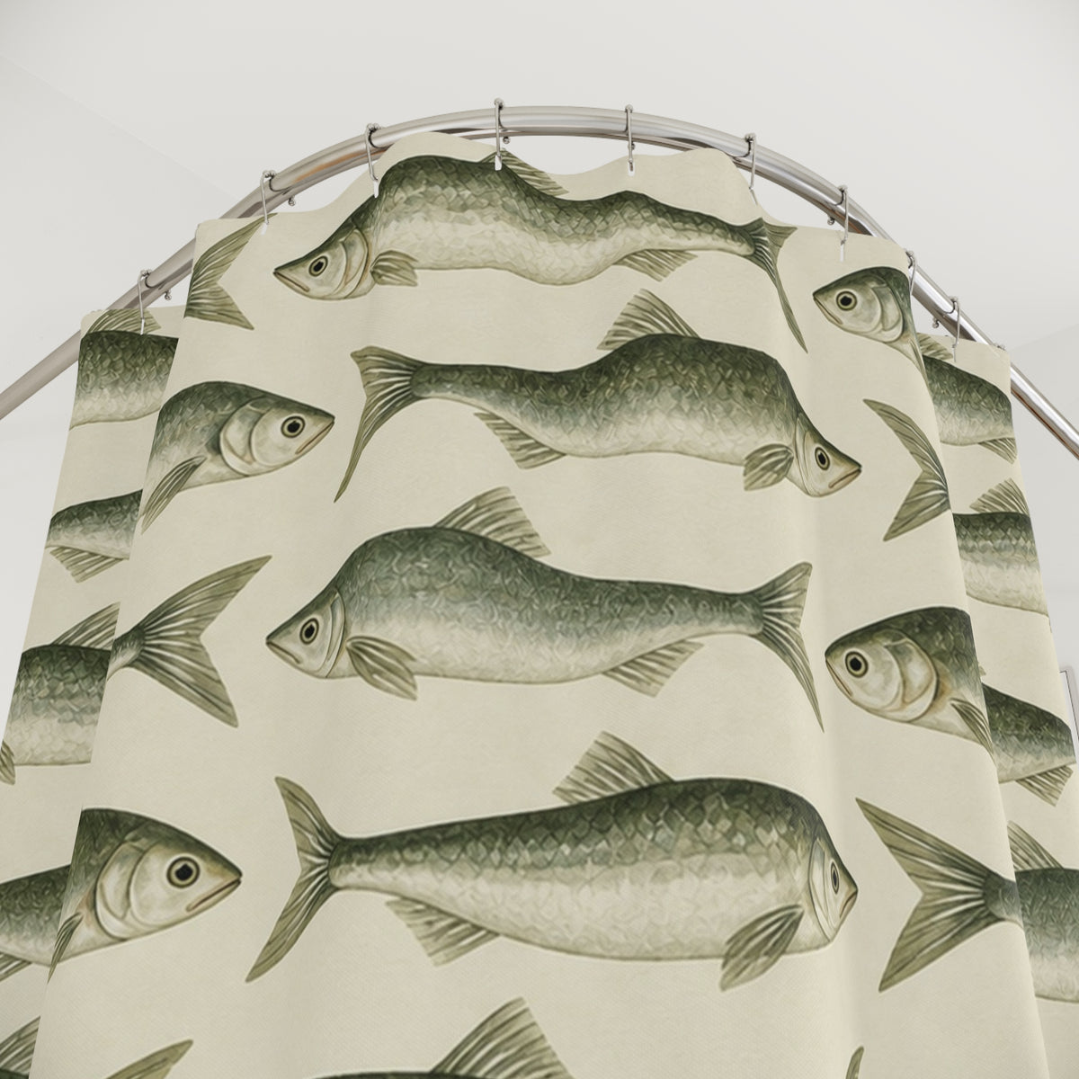 Coastal Scandinavian Fish Shower Curtain, Sage Green Sardine Nautical Ocean Bathroom Decor Waterproof Fabric Housewarming Gift 71" x 74"