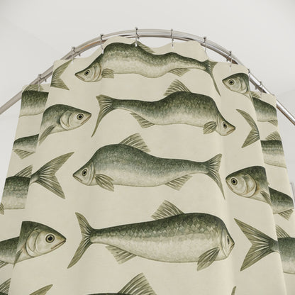 Coastal Scandinavian Fish Shower Curtain, Sage Green Sardine Nautical Ocean Bathroom Decor Waterproof Fabric Housewarming Gift 71" x 74"