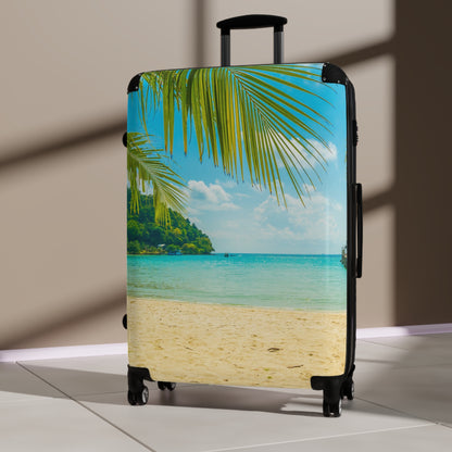 Tropical Beach Suitcase Luggage, Palm Tree Ocean Vacation Carry On With 4 Wheels Cabin Small Large Set Rolling Spinner Lock Hard Shell