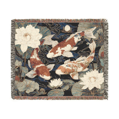 Koi Fish Woven Throw Blanket Tapestry, Japanese Lilly Pond Zen Cotton Fringe Cozy Warm Adult Kids Small Large Sofa Bed 50x60 Decorative