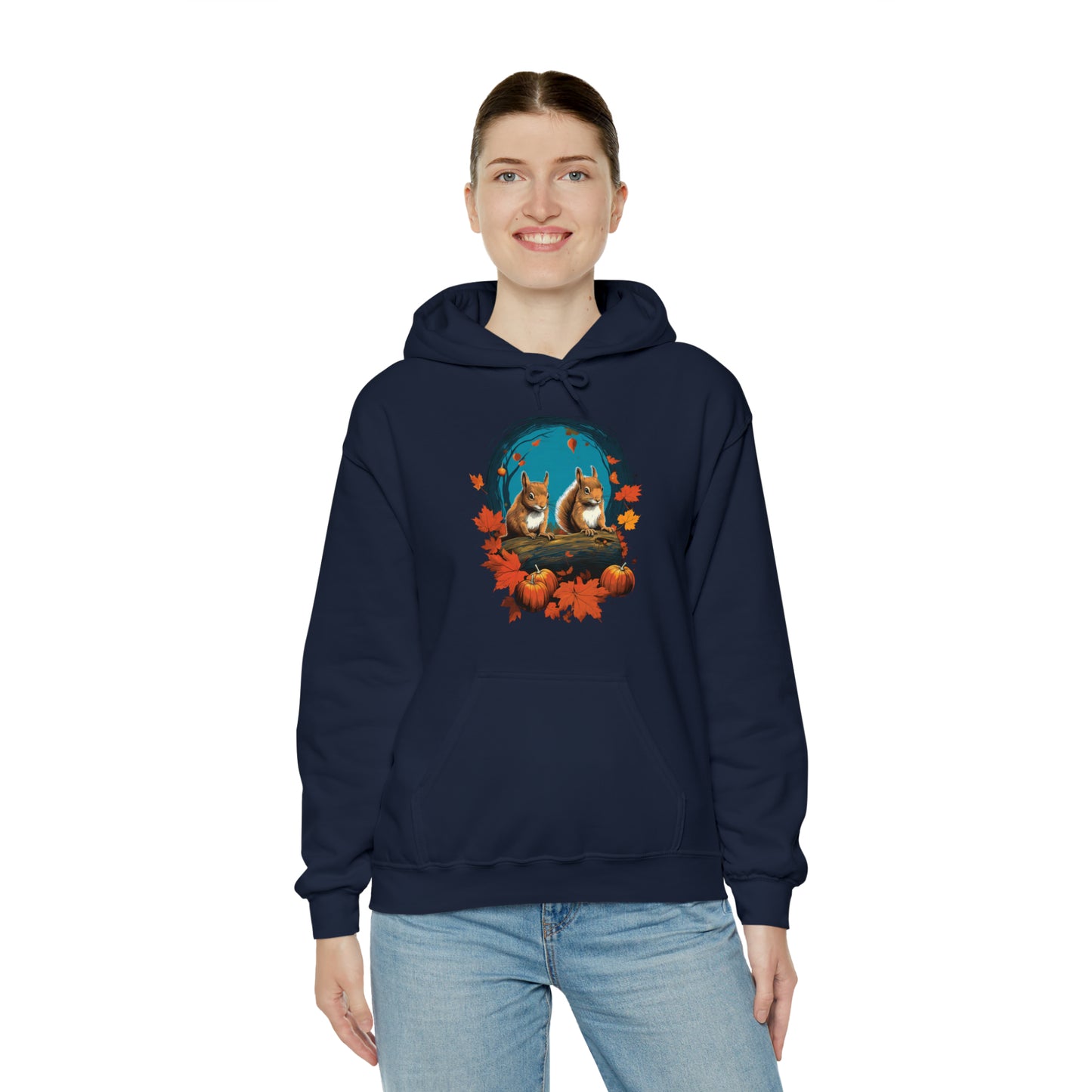 Squirrels Hoodie, Fall Autumn Leaves Pumpkins Animals Pullover Men Women Adult Aesthetic Graphic Cotton Hooded Sweatshirt Pockets Starcove Fashion