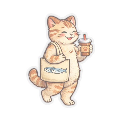 Happy Cat Sticker Decal, Coffee Kawaii Tote Bag Funny Art Vinyl Laptop Cute Waterbottle Tumbler Car Waterproof Bumper Clear Aesthetic Wall