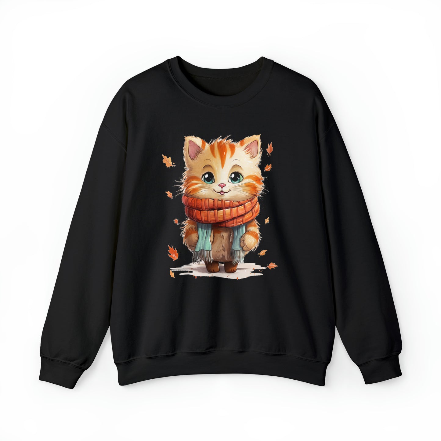 Cat Scarf Sweatshirt, Kitten Fall Autumn Leaves Graphic Crewneck Fleece Cotton Sweater Jumper Pullover Men Women Adult Aesthetic Top Starcove Fashion