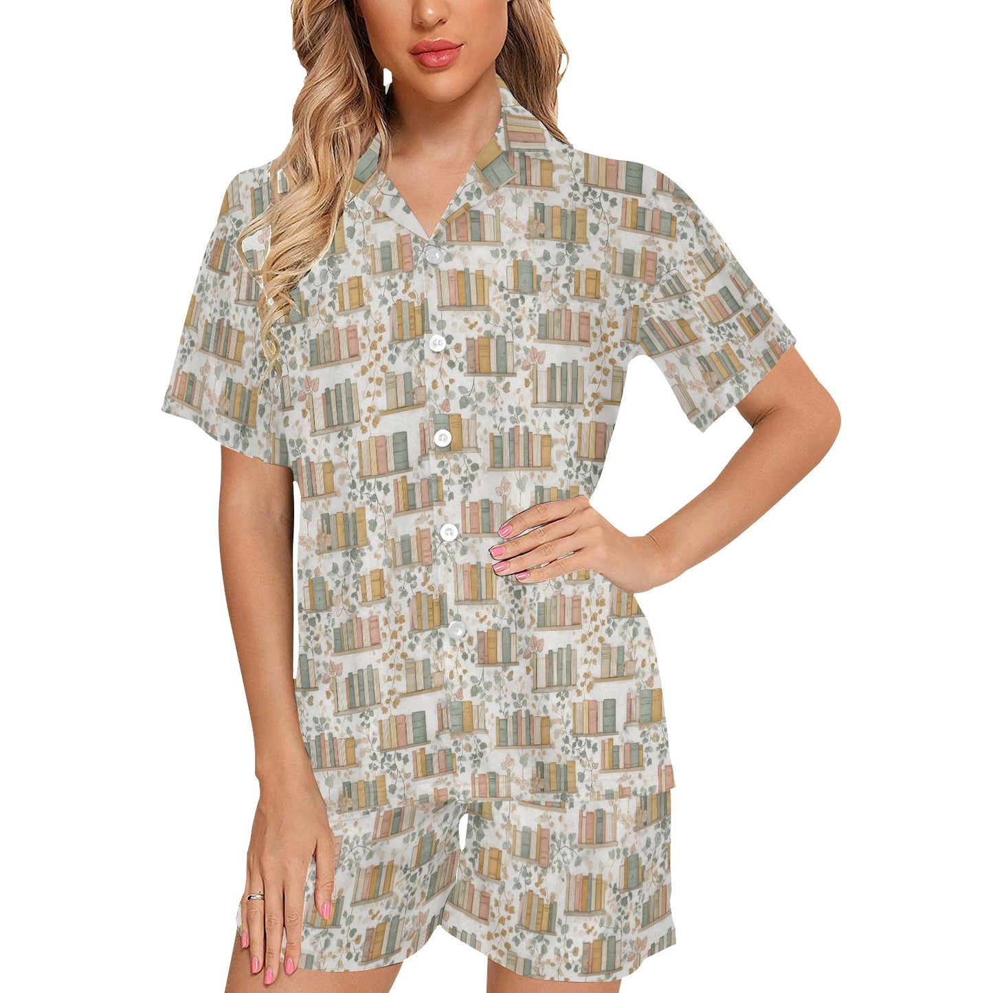 Book Pajamas Set, Reading Lounge Library Botanical Sleepwear Short Sleeve Sleep Shirt Shorts Night Plus Size Summer Designer PJs Button Up - Starcove Fashion