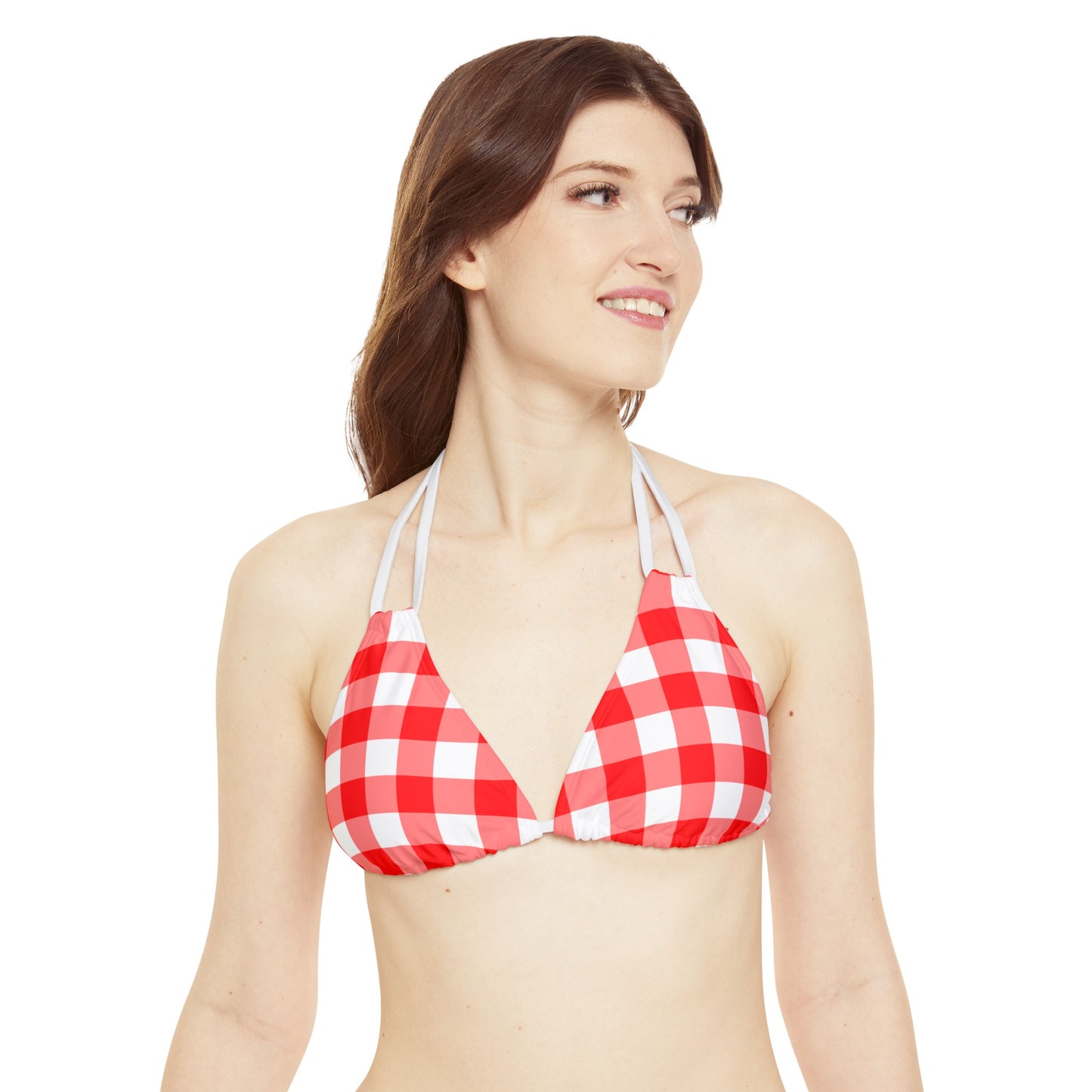 Red and White Gingham Bikini Set, Check Checkered High Waisted Cute Cheeky Bottom String Triangle Top Sexy Swimsuits Women Swimwear