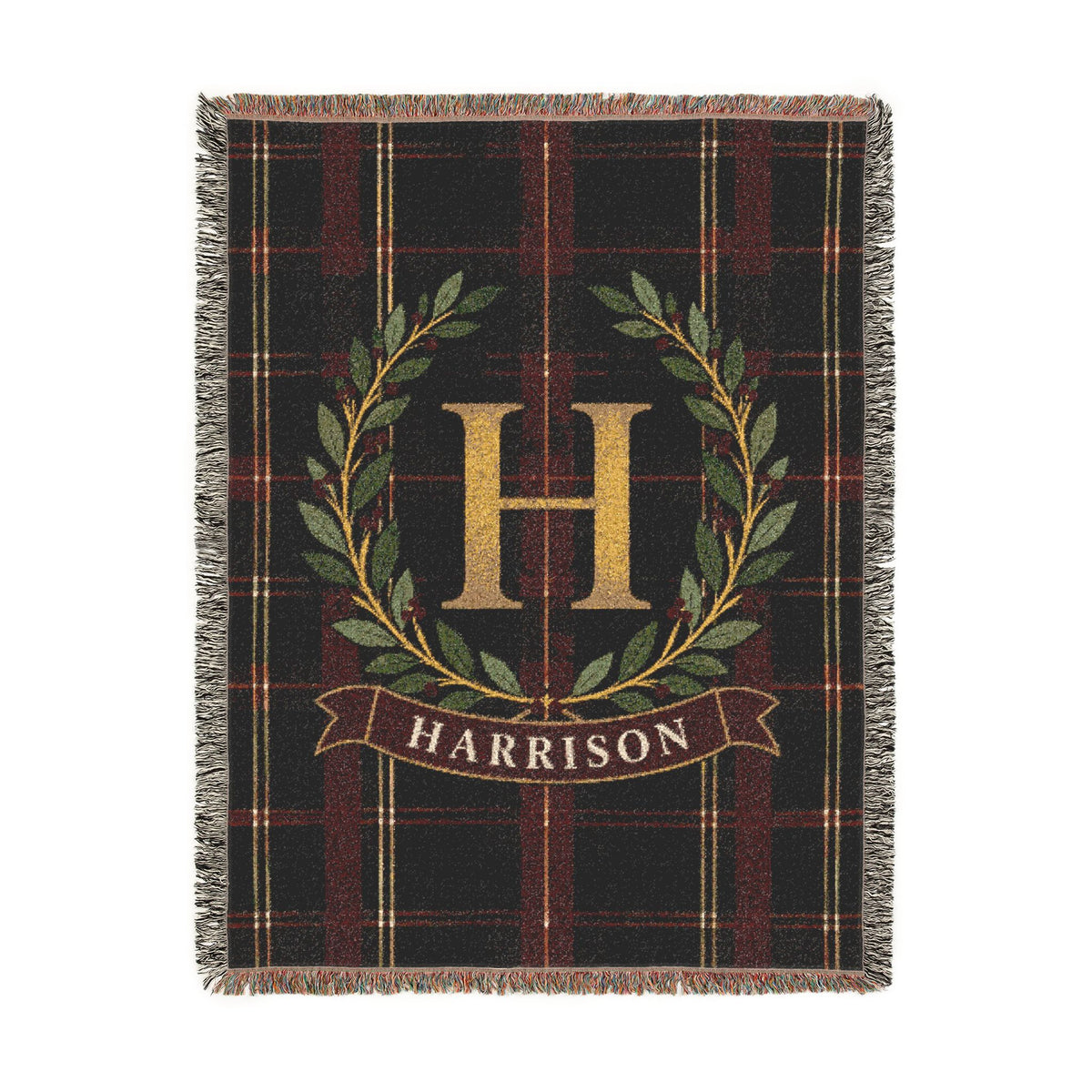Custom Family Name Woven Throw Blanket Tapestry, Plaid Holiday Christmas Personalized Cotton Fringe Adult Kids Small Large Bed 50x60 Hanging