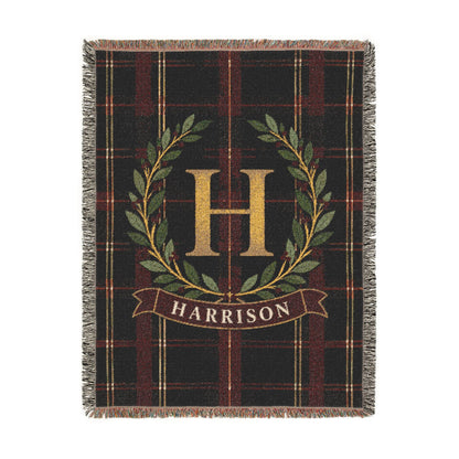 Custom Family Name Woven Throw Blanket Tapestry, Plaid Holiday Christmas Personalized Cotton Fringe Adult Kids Small Large Bed 50x60 Hanging