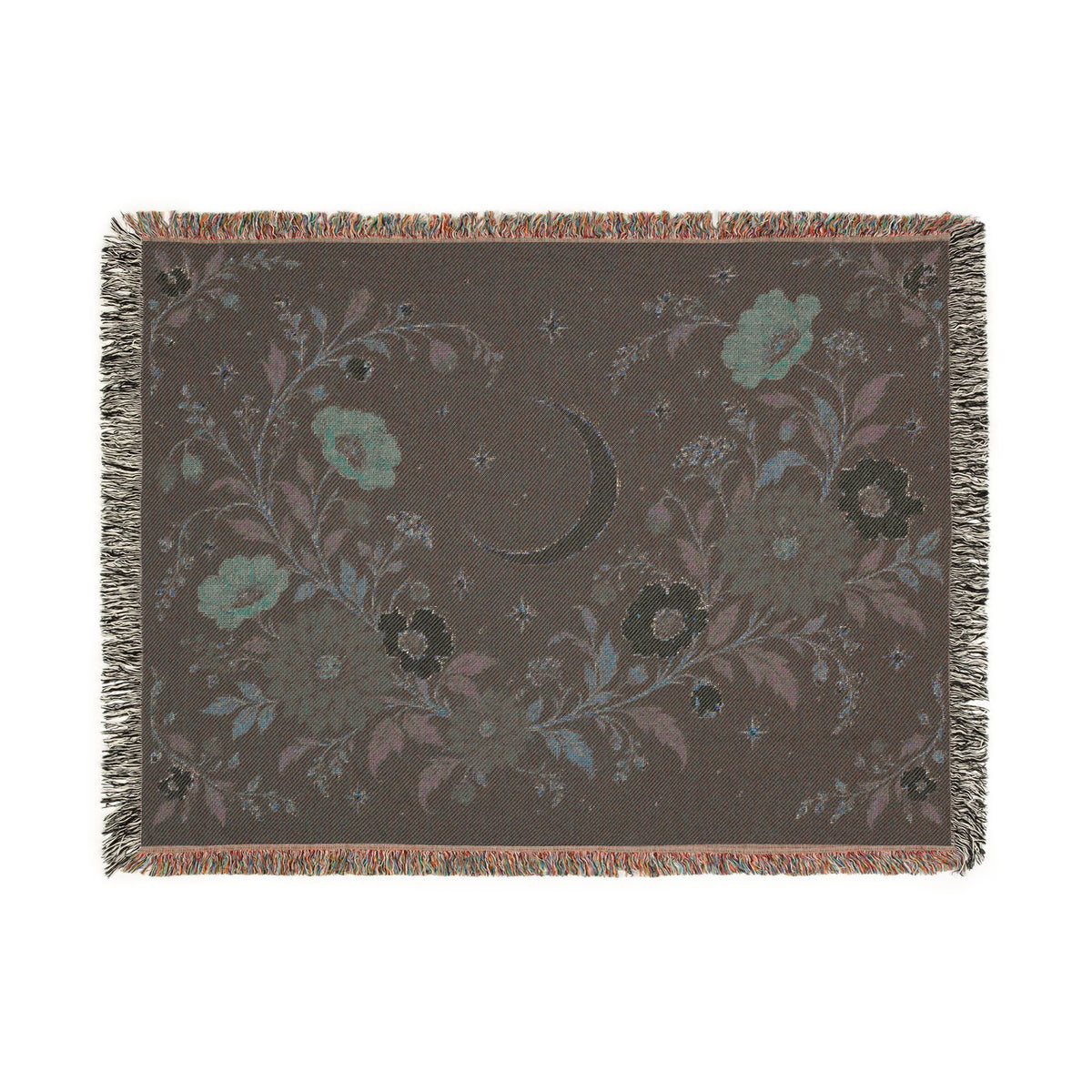 Dark Botanical Floral Woven Throw Blanket Tapestry, Crescent Moon Celestial Cotton Fringe Warm Adult Kids Small Large Bed 50x60 Wall Hanging