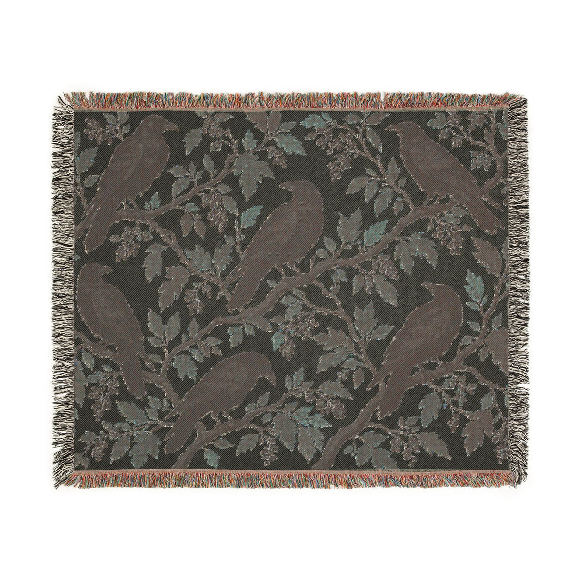 Black Raven Floral Woven Throw Blanket Tapestry, Halloween Autumn Fall Boho Gothic Crow Cotton Fringe Adult Kids Small Large Bed 50x60 Wall