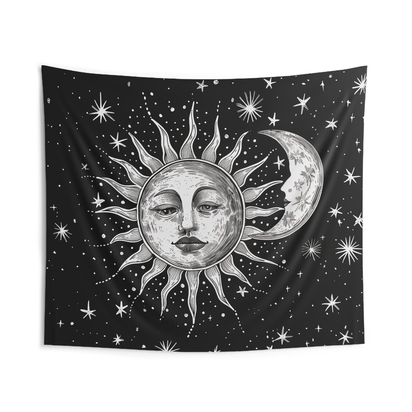 Sun Moon Stars Tapestry, Black White Vintage Retro Wall Art Hanging Unique Landscape Aesthetic Large Small Decor Bedroom College Dorm Room