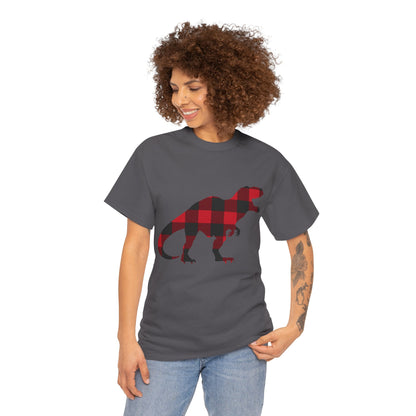 Trex Dino Tshirt, Red Buffalo Plaid Check Dinosaur Designer Graphic Aesthetic Crewneck Men Women Tee Top Short Sleeve Shirt
