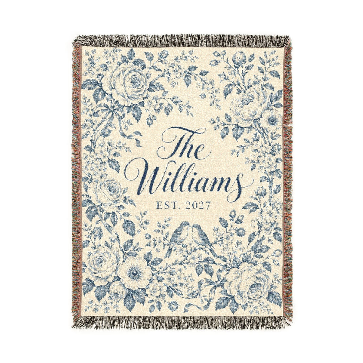 Custom Couples Blanket Throw Blanket Tapestry, Personalized Wedding Bridal Bride Anniversary Family Cotton Blue Toile Small Large Hanging