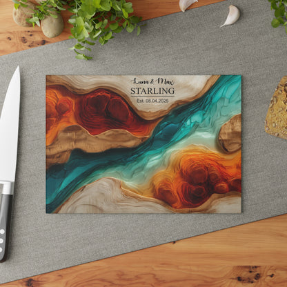 Personalized Glass Cutting Board, Custom Wood Epoxy Charcuterie Chopping Tempered Small Large Realtor Kitchen Decorative Closing Wedding