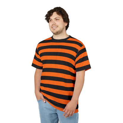 Orange Black Striped Tshirt, Stripe Designer Graphic Aesthetic Lightweight Heavyweight Crewneck Men Women Tee Top Short Sleeve Shirt