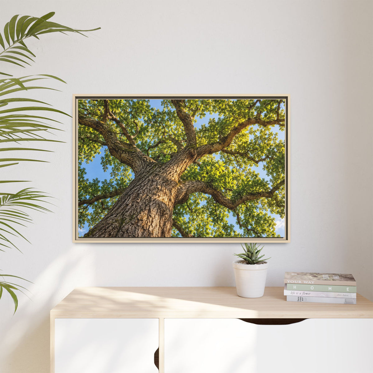 Oak Tree Canopy Canvas Wood Framed, Green Foliage Sunlit Woodland Wall Art Print Artwork Decor Small Large Hanging Matte Modern Landscape