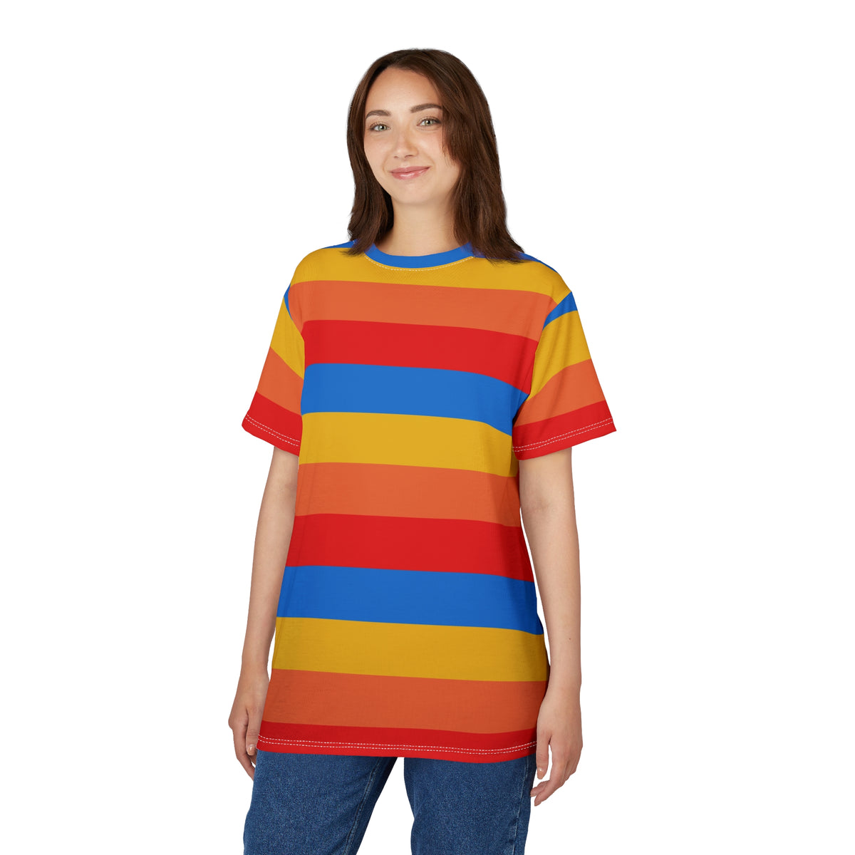 Yellow Orange Red Blue Tshirt, Striped Stripe Designer Graphic Lightweight Heavyweight Crewneck Men Women Tee Top Short Sleeve Shirt