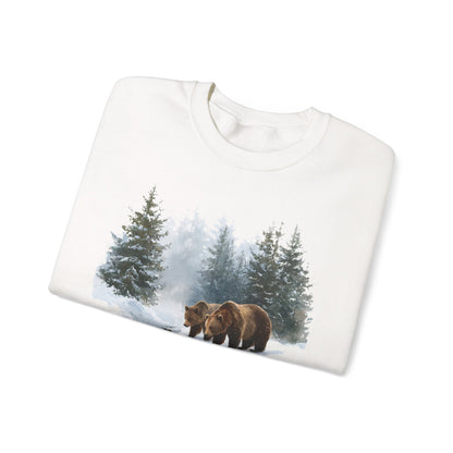 Grizzly Bears Wilderness Scene Sweatshirt, Retro Trees White Graphic Crewneck Fleece Cotton Sweater Jumper Pullover Men Women Designer Top