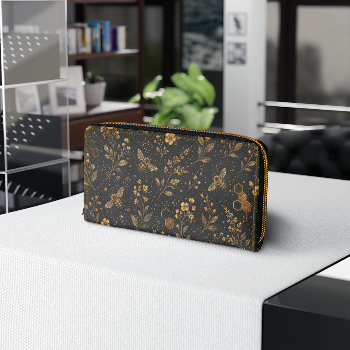 Bee Floral Leather Wallet Women, Honeycomb Flowers Vegan Zipper Zip Around Coins Credit Cards Pocket Cash Ladies Female Pouch Slim Purse