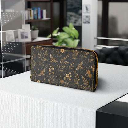 Bee Floral Leather Wallet Women, Honeycomb Flowers Vegan Zipper Zip Around Coins Credit Cards Pocket Cash Ladies Female Pouch Slim Purse
