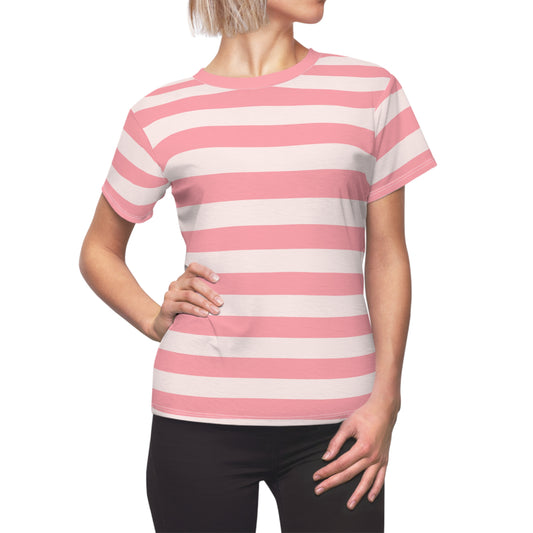 Pink and White Striped Women Tshirt, Ladies Vintage Retro Designer Adult Female Aesthetic Fashion Fitted Crewneck Tee Shirt Top Starcove Fashion