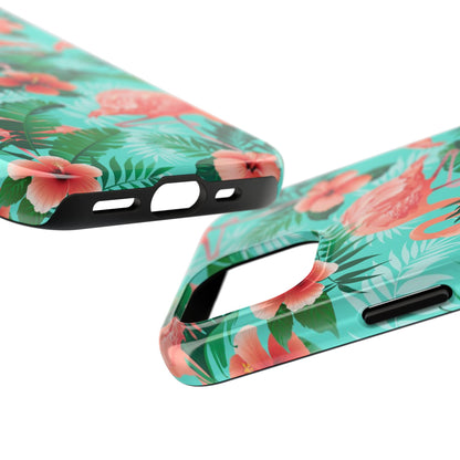Pink Flamingo iPhone 17 16 15 14 13 12 11 Pro Max Case, Green Tropical Leaf Monstera Print Cute Gift XS XR X 7 Plus 8 Tough Cell Phone - Starcove Fashion
