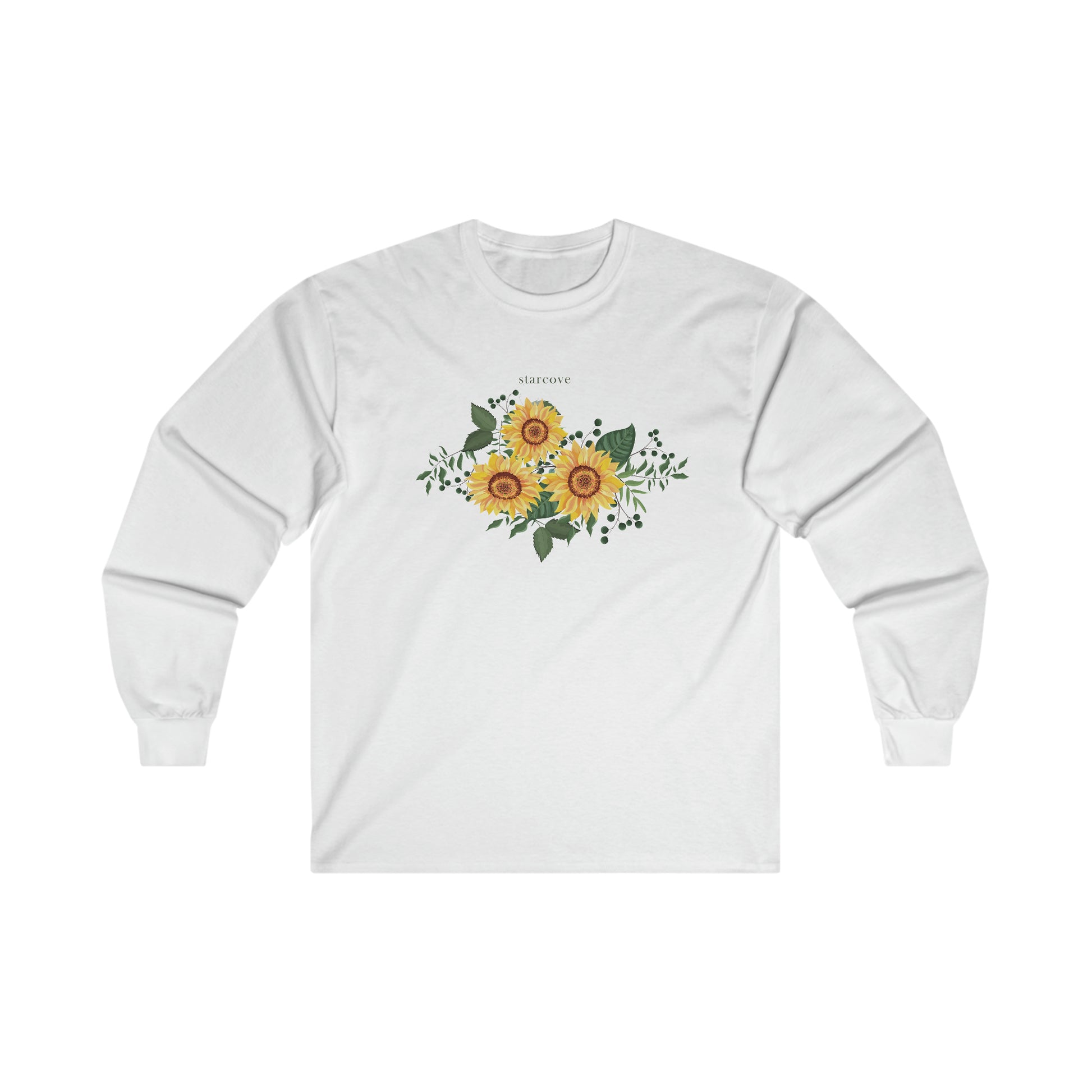 Sunflower Long Sleeve Shirt, Yellow Flower Floral Art Print Nature Cotton Tee Tshirt Top Botanical Women Men Outfit Starcove Fashion