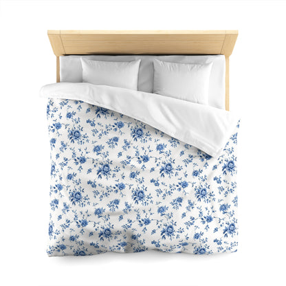 Blue Floral Duvet Cover, White Vintage Flowers Bedding Queen King Full Twin XL Microfiber Unique Designer Bed Quilt Bedroom Decor