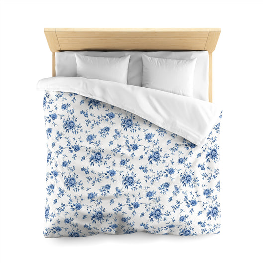 Blue Floral Duvet Cover, White Vintage Flowers Bedding Queen King Full Twin XL Microfiber Unique Designer Bed Quilt Bedroom Decor