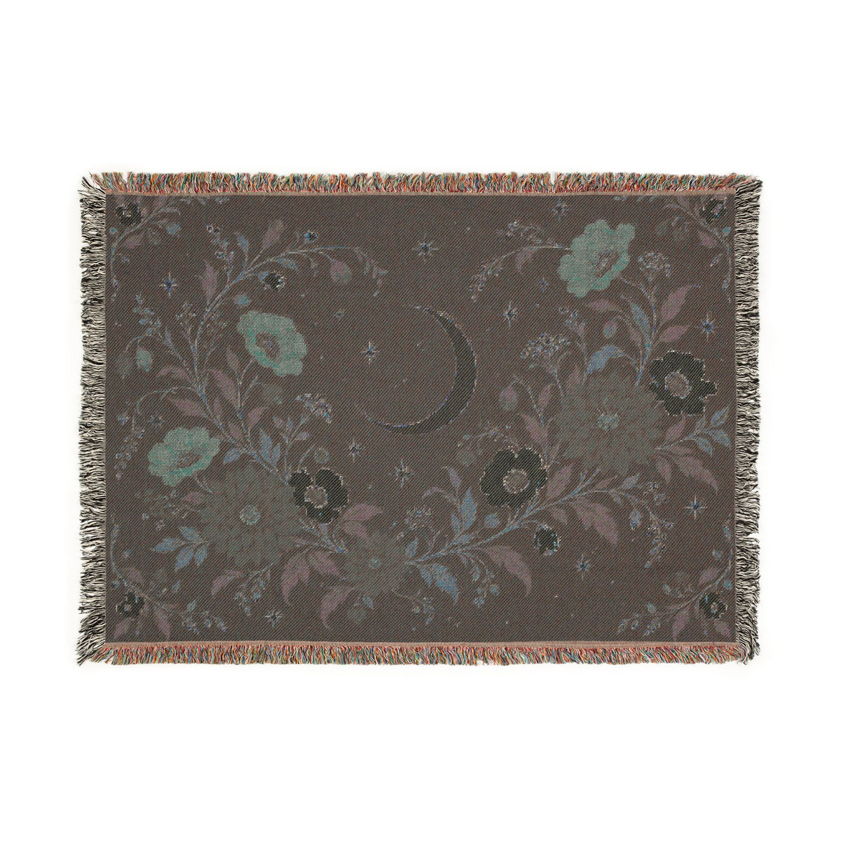 Dark Botanical Floral Woven Throw Blanket Tapestry, Crescent Moon Celestial Cotton Fringe Warm Adult Kids Small Large Bed 50x60 Wall Hanging