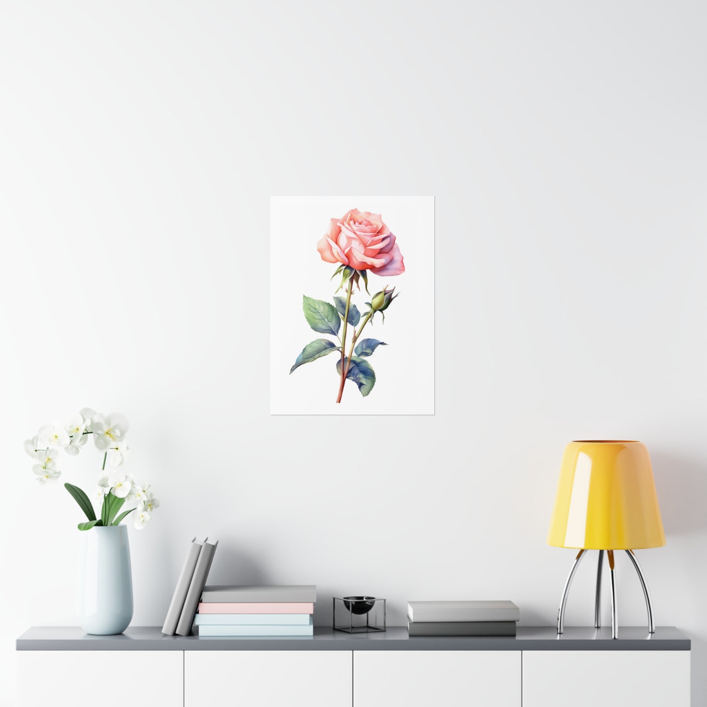 Pink Rose Poster Print, Watercolor Floral Flower Picture Wall Image Art Vertical Paper Artwork Small Large Cool Room Office Decor