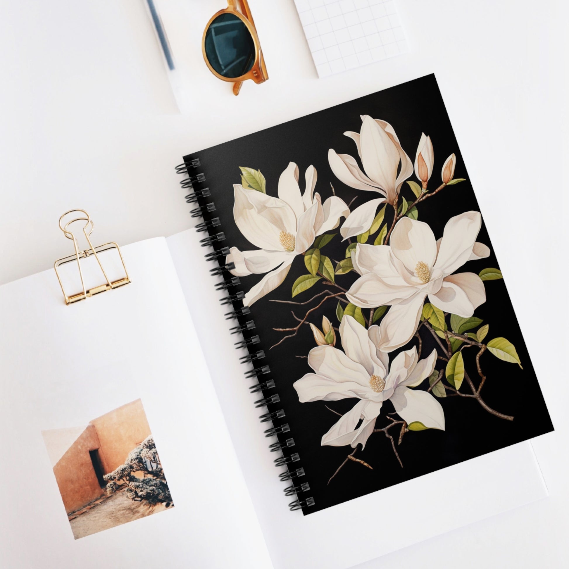 White Magnolias Spiral Bound Notebook, Flowers Floral Travel Pattern Design Small Journal Notepad Ruled Line Book Pad Work Hard Cover Starcove Fashion