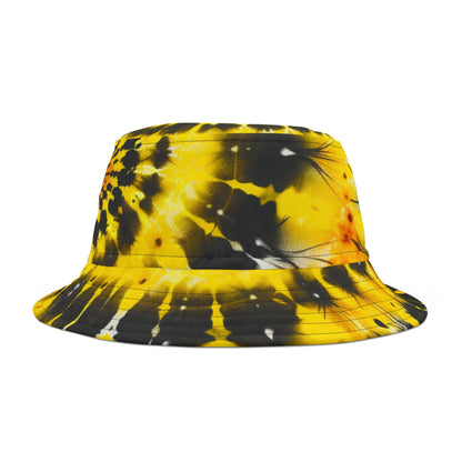 Yellow Tie Dye Bucket Cap Hat, Black Print Beach Women Men Kids Children Golf Summer Festival Cute Designer Sun Shade Ladies Small Large