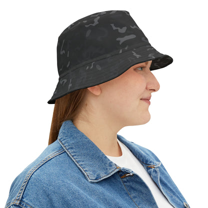 Black Camo Bucket Cap Hat, Grey Camouflage Print Beach Women Men Golf Summer Festival Cute Designer Sun Shade Ladies Small Large Guys