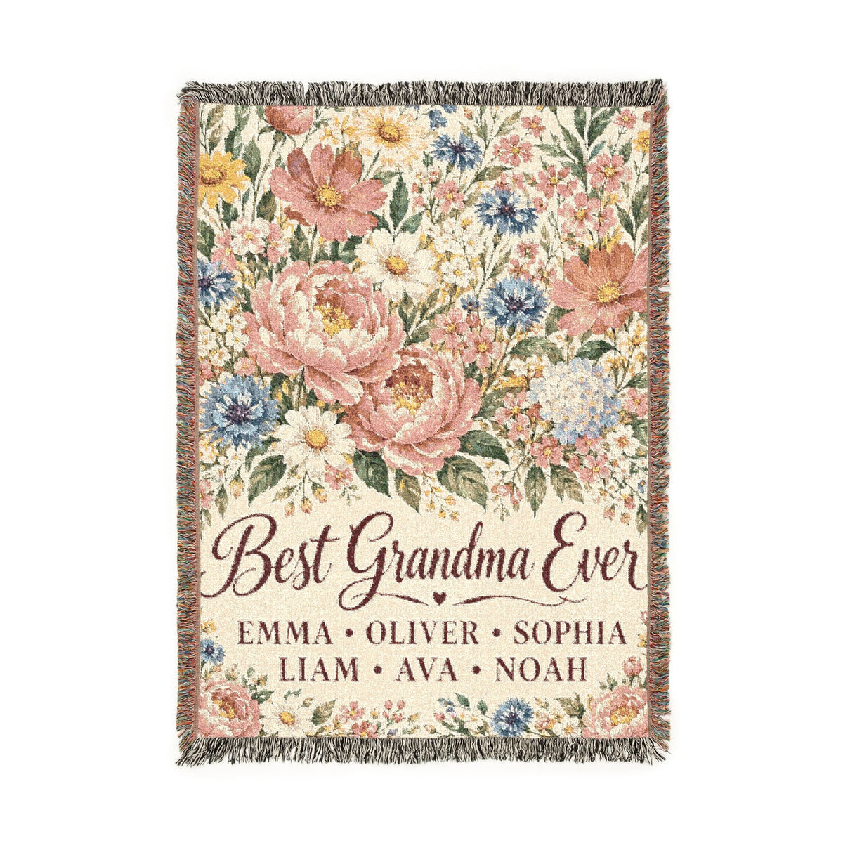 Personalized Grandmother Woven Blanket Tapestry, Grandma Nana Floral Throw Custom Kids Names Mimi First Time Cotton Small Large Wall Hanging