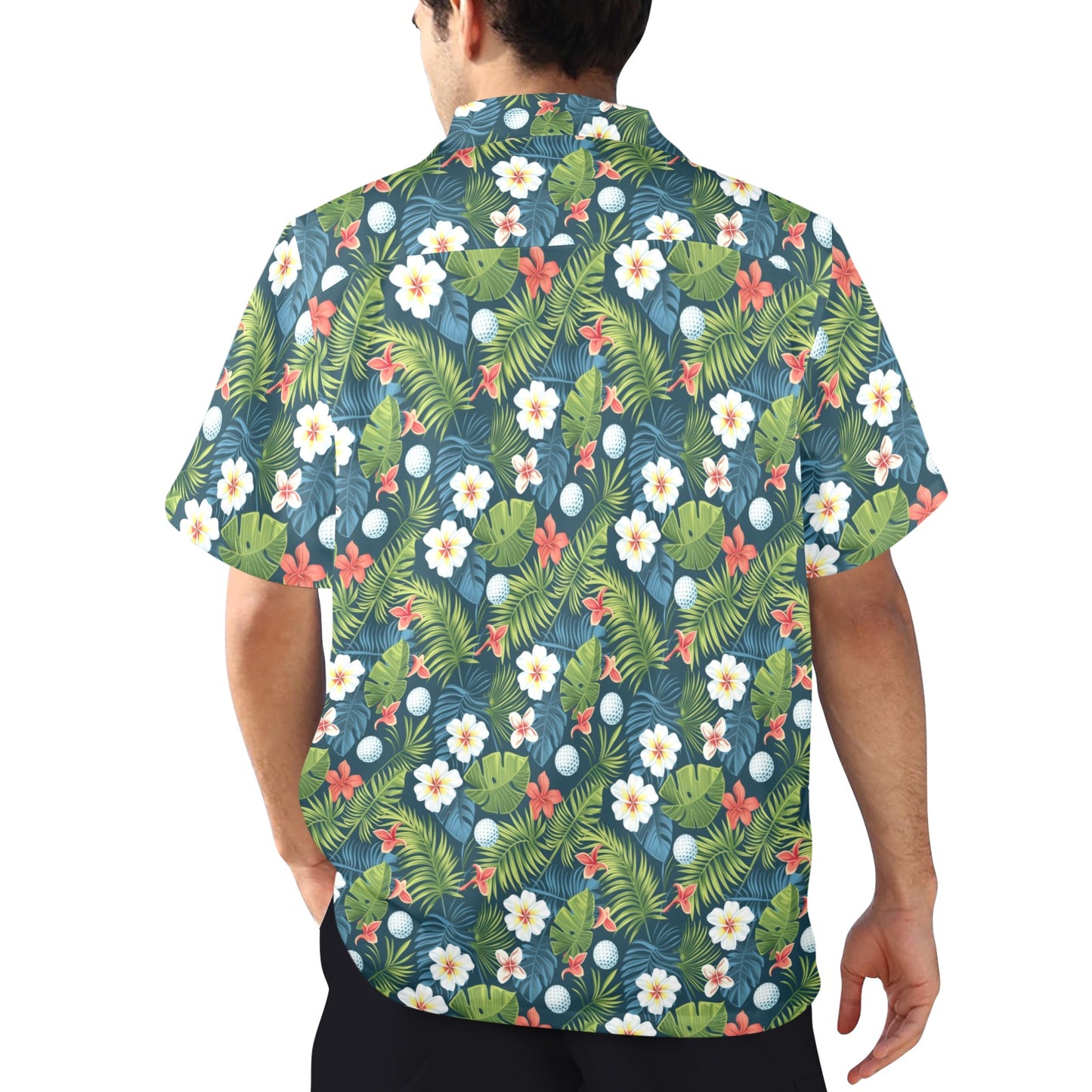 Golf Men Hawaiian shirt, Ball Floral Flowers Beach Green Leaves Vintage Aloha Hawaii Retro Tropical Plus Size Pocket Guys Button Down