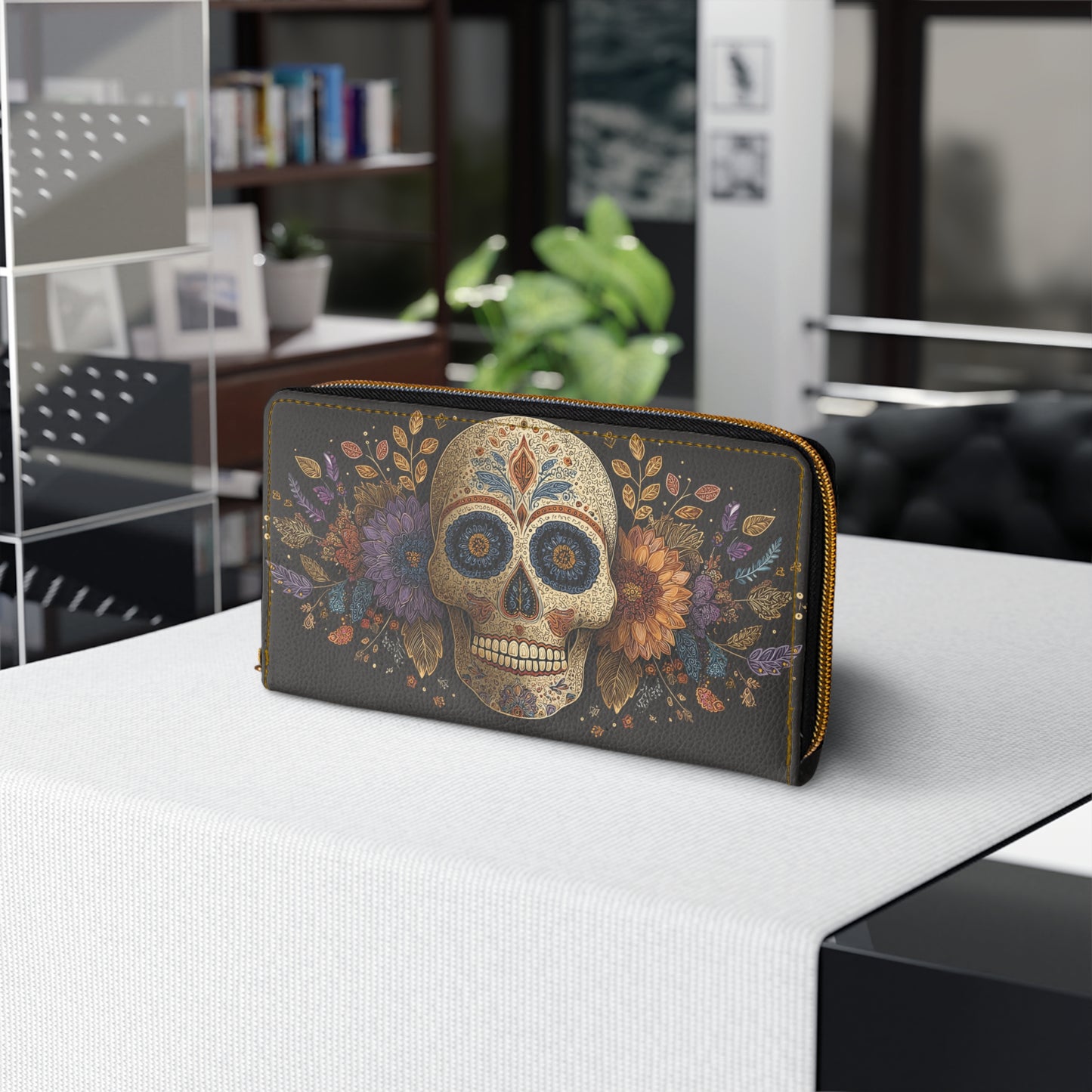Sugar Skull Leather Wallet Women, Day of the Dead Flowers Vegan Zipper Zip Around Coins Credit Cards Pocket Cash Ladies Pouch Clutch Purse