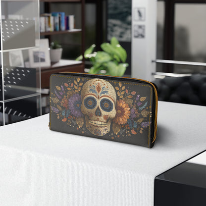 Sugar Skull Leather Wallet Women, Day of the Dead Flowers Vegan Zipper Zip Around Coins Credit Cards Pocket Cash Ladies Pouch Clutch Purse