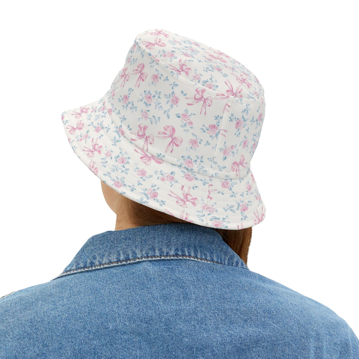 Pink Rose Bows Bucket Cap Hat, White Floral Flowers Print Beach Women Men Golf Summer Festival Cute Designer Sun Shade Ladies Small Large