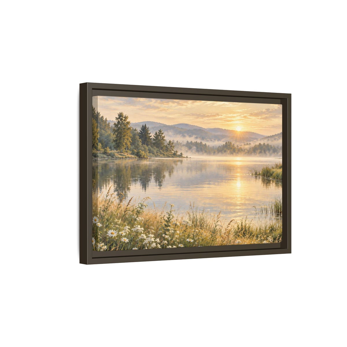 Misty Meadow Lake Wood Framed Canvas, Wildflower Farmhouse Wall Art Print Artwork Decor Small Large Hanging Matte Landscape Square Poster