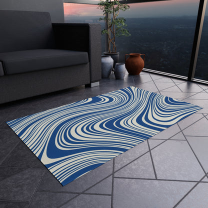 Blue Wavy Outdoor Area Rug, Geometric Modern Waterproof Patio Porch Exterior Durable Carpet Small Large 2x3 4x6 3x5 5x7 8x10 Camping Mat
