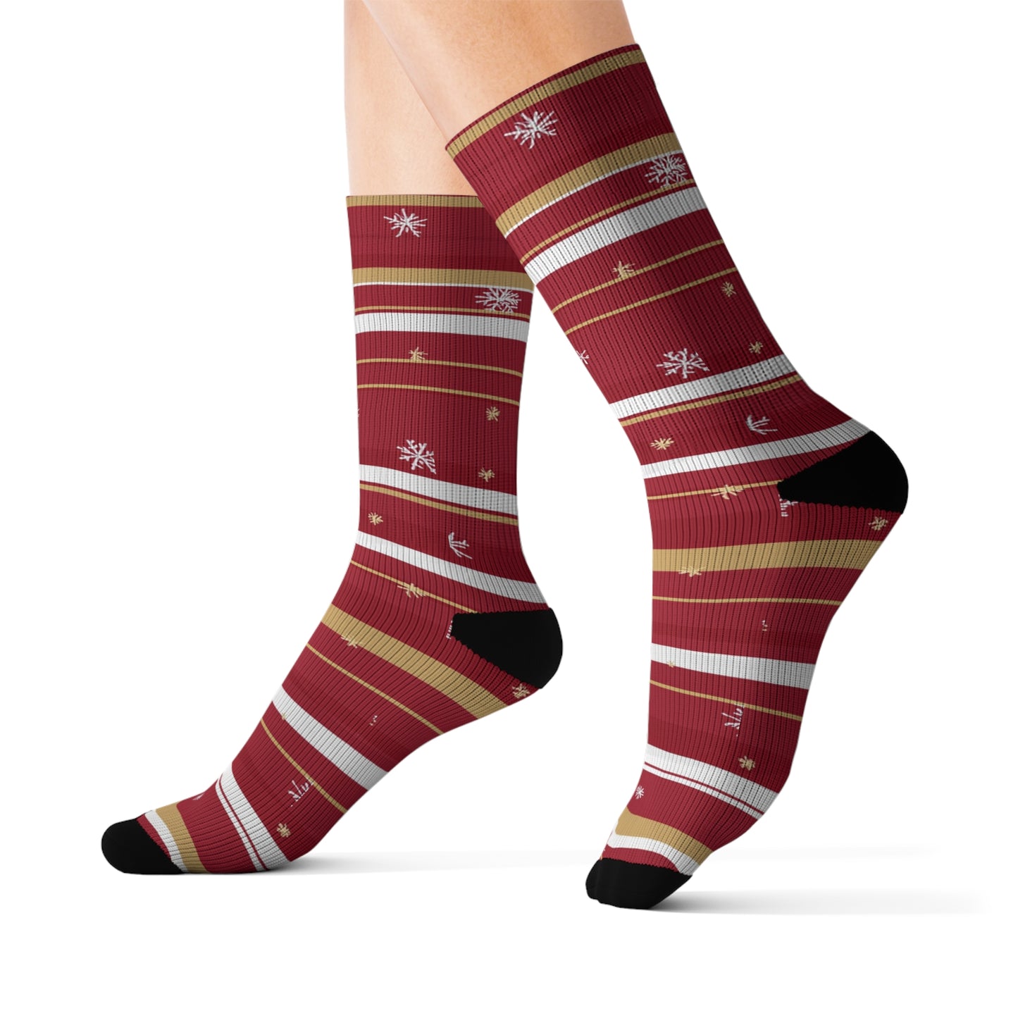 Candy Cane Stripe Socks, Snowflake Red White Christmas Crew Sublimation Women Men Designer Fun Novelty Cool Casual Cute Unique Dress